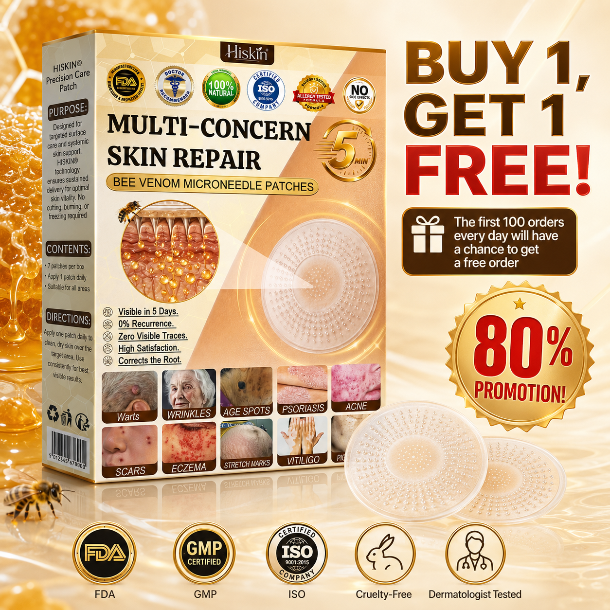 💜Hiskin ®MULTI-CONCERN SKIN REPAIR BEE VENOM MICRONEEDLE PATCHES